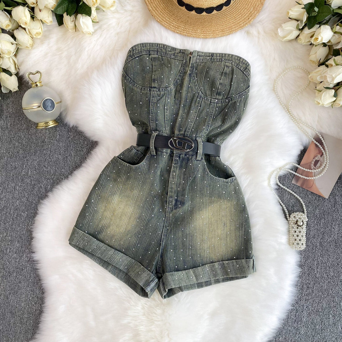 Chic Off-shoulder Sequined Denim Romper