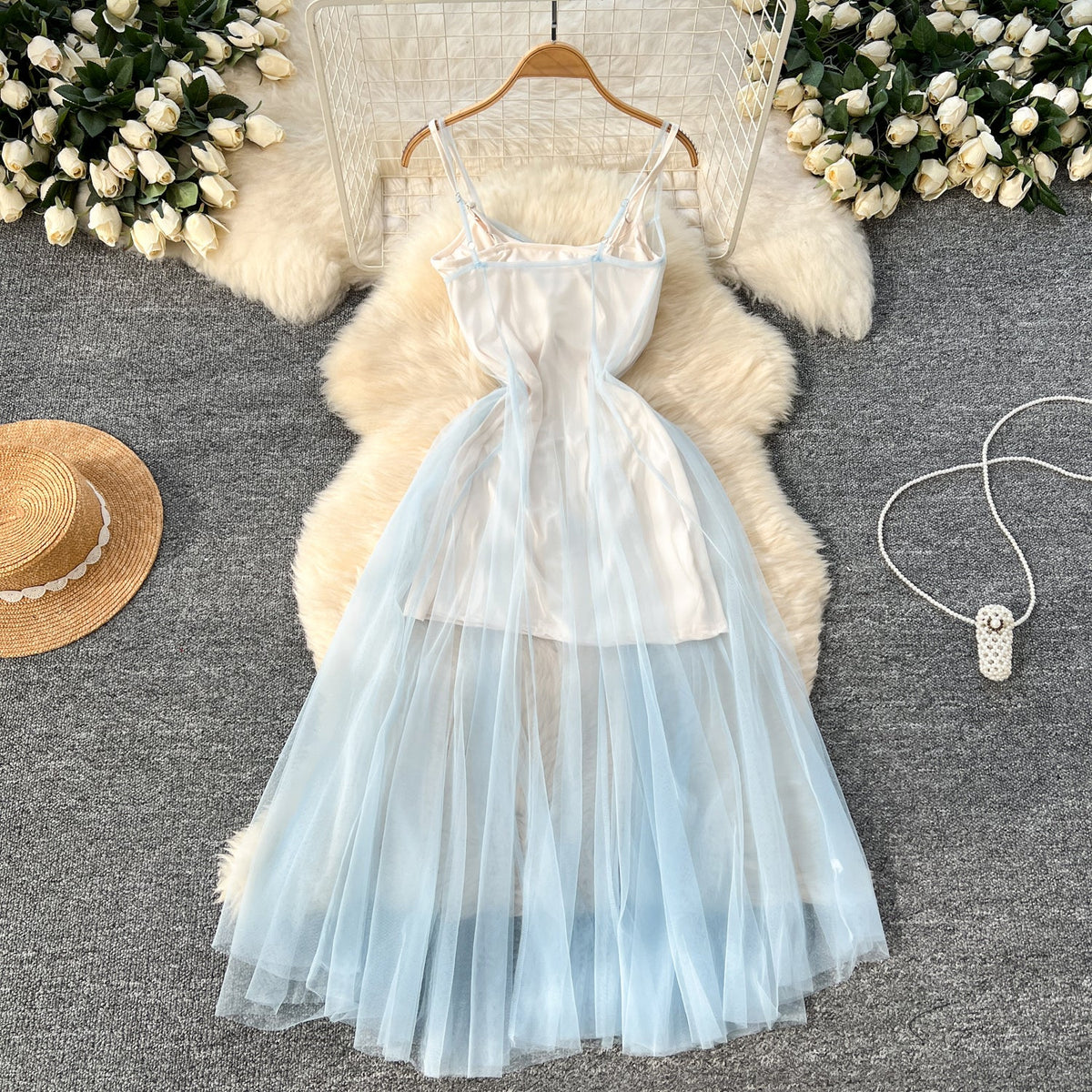 Blue Mesh Outwear & Slip Dress 2Pcs