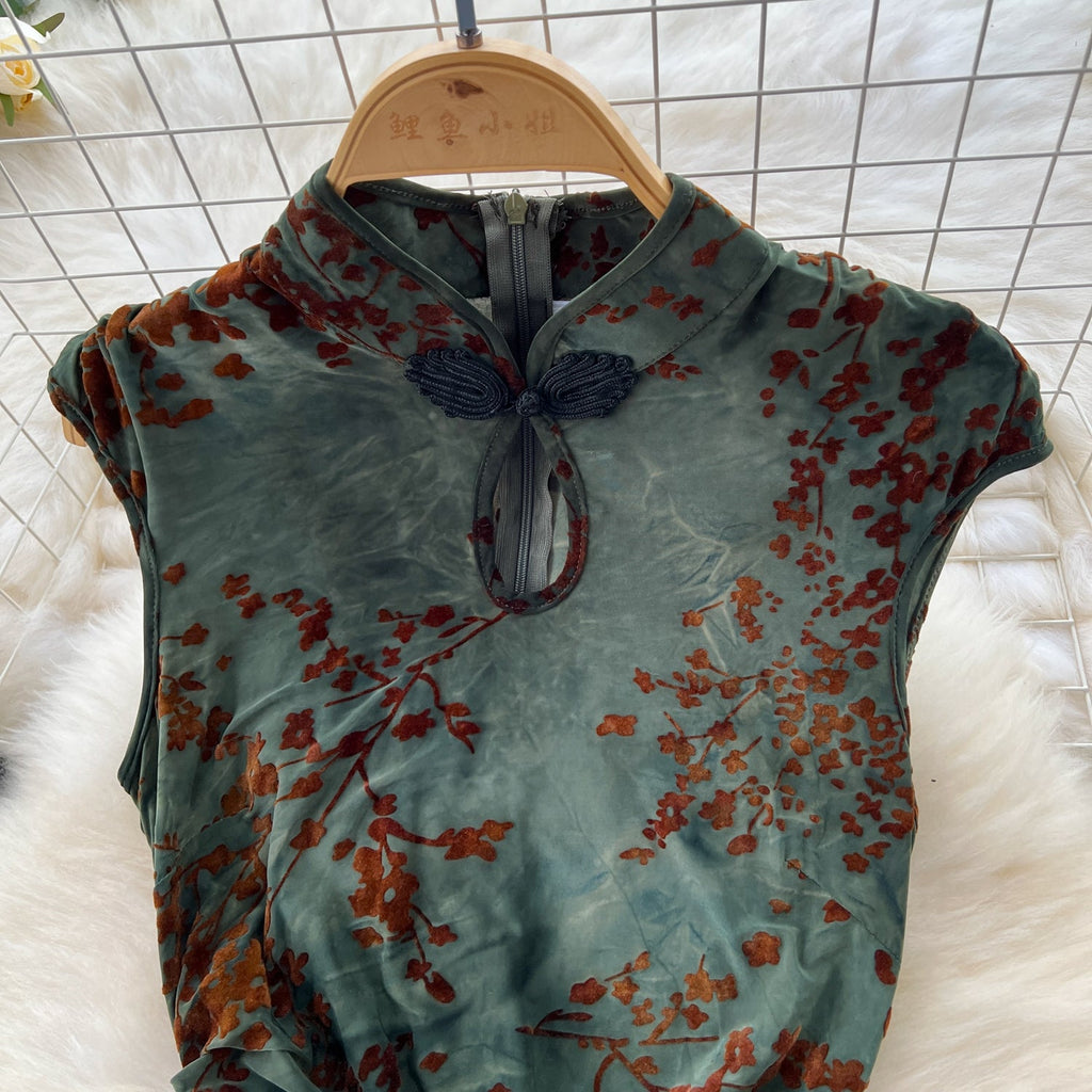 Vintage Tie-dye Floral Hollowed Cheongsam