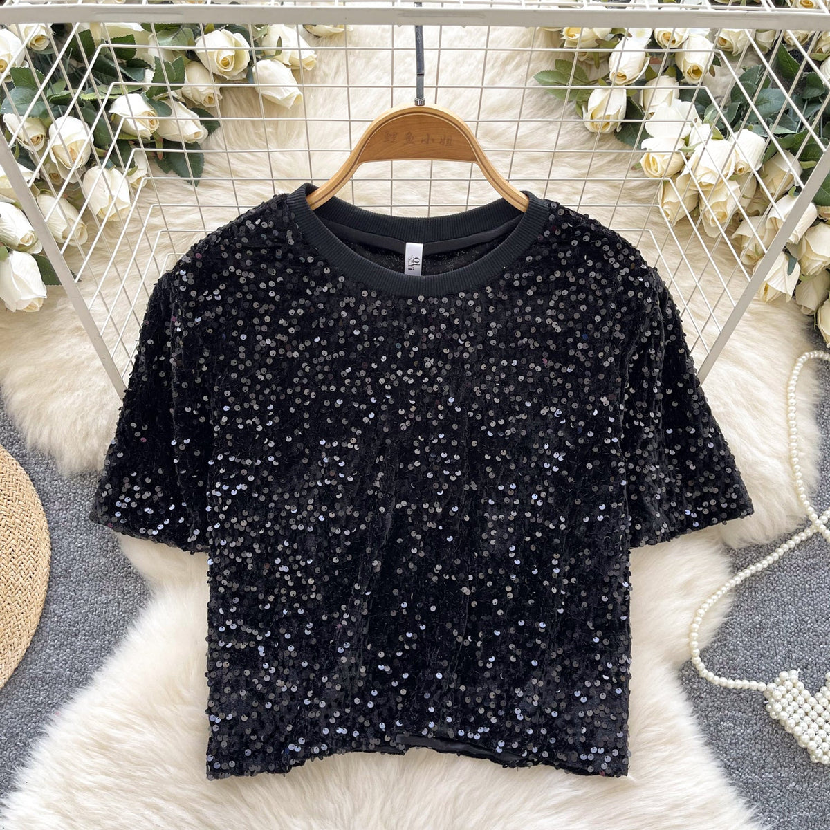 Crew Neck Sequined Short T-shirt