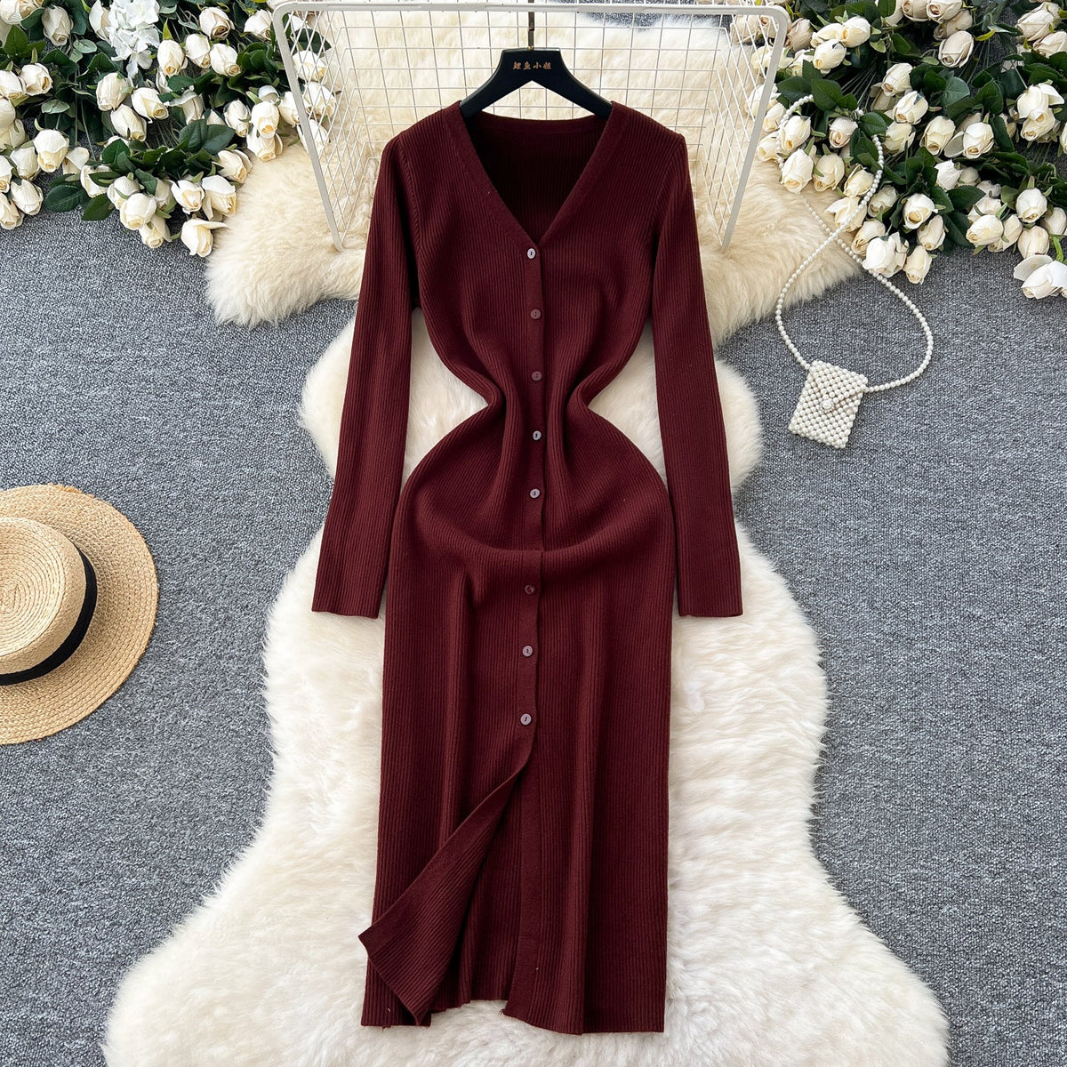V-neck Single-breasted Cardigan Dress