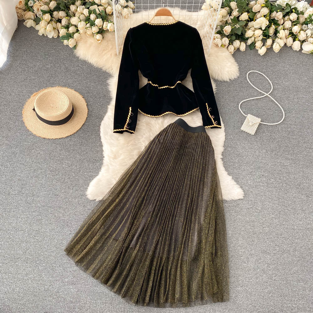 Velvet Blazer&Pleated Mesh Dress 2Pcs