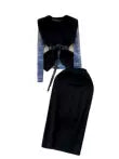 Patchwork Mesh Top&Black Skirt 3Pcs