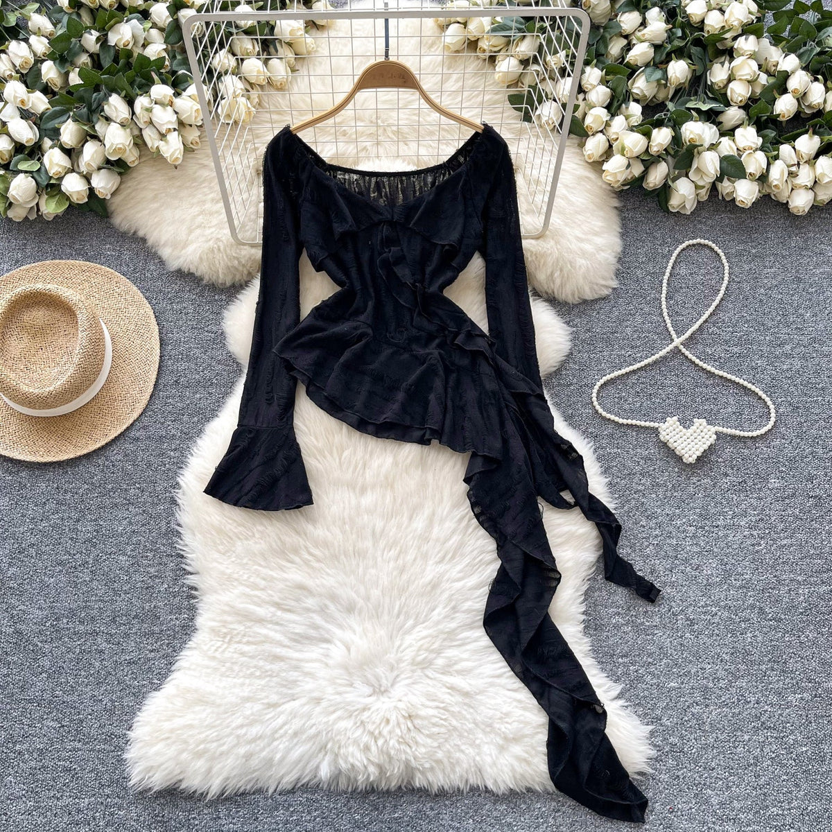 Irregular Design Ruffled Ripped Top