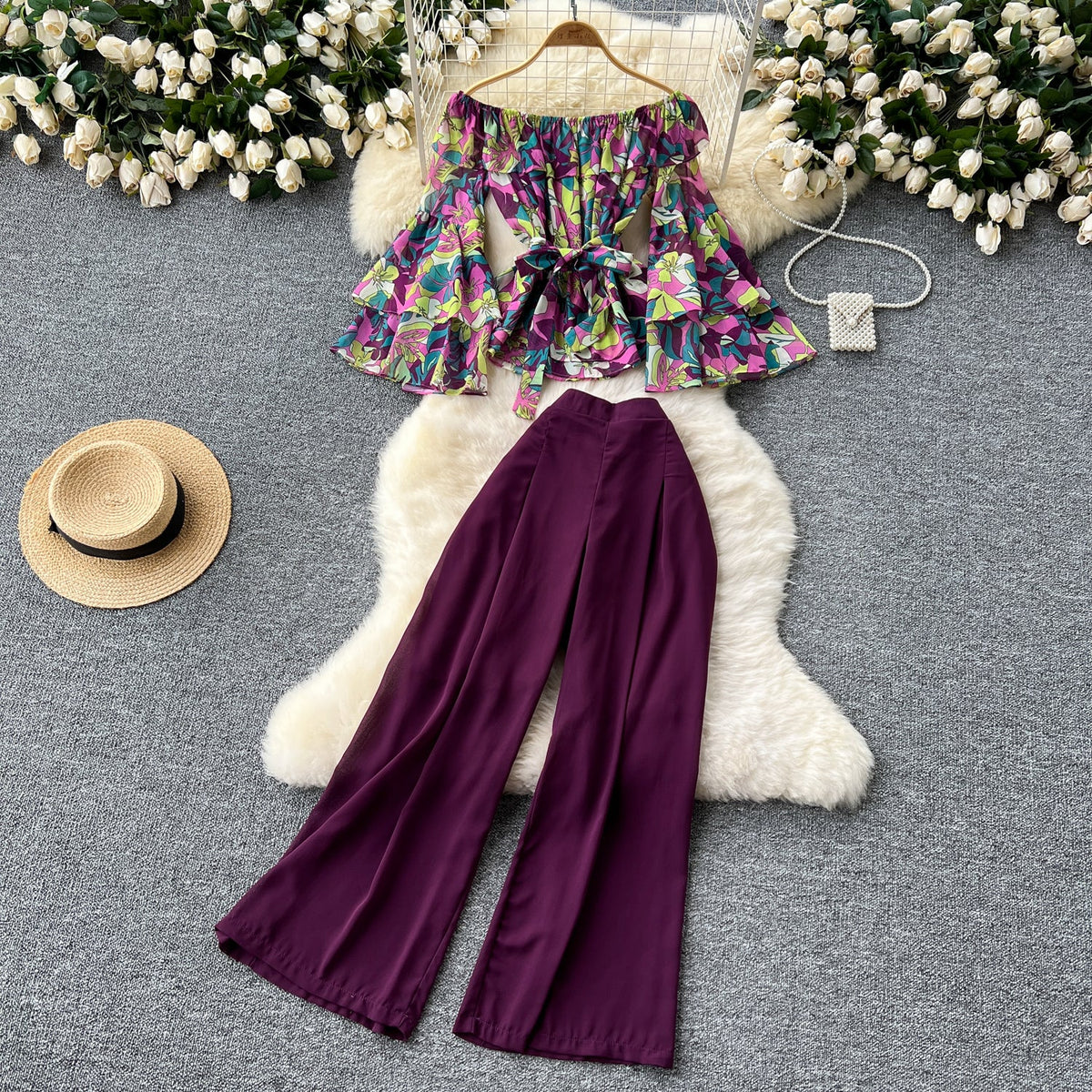 Floral Chiffon Top&Wide-leg Trousers 2Pcs