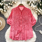 Premium Hollowed Embroidery Lace Shirt