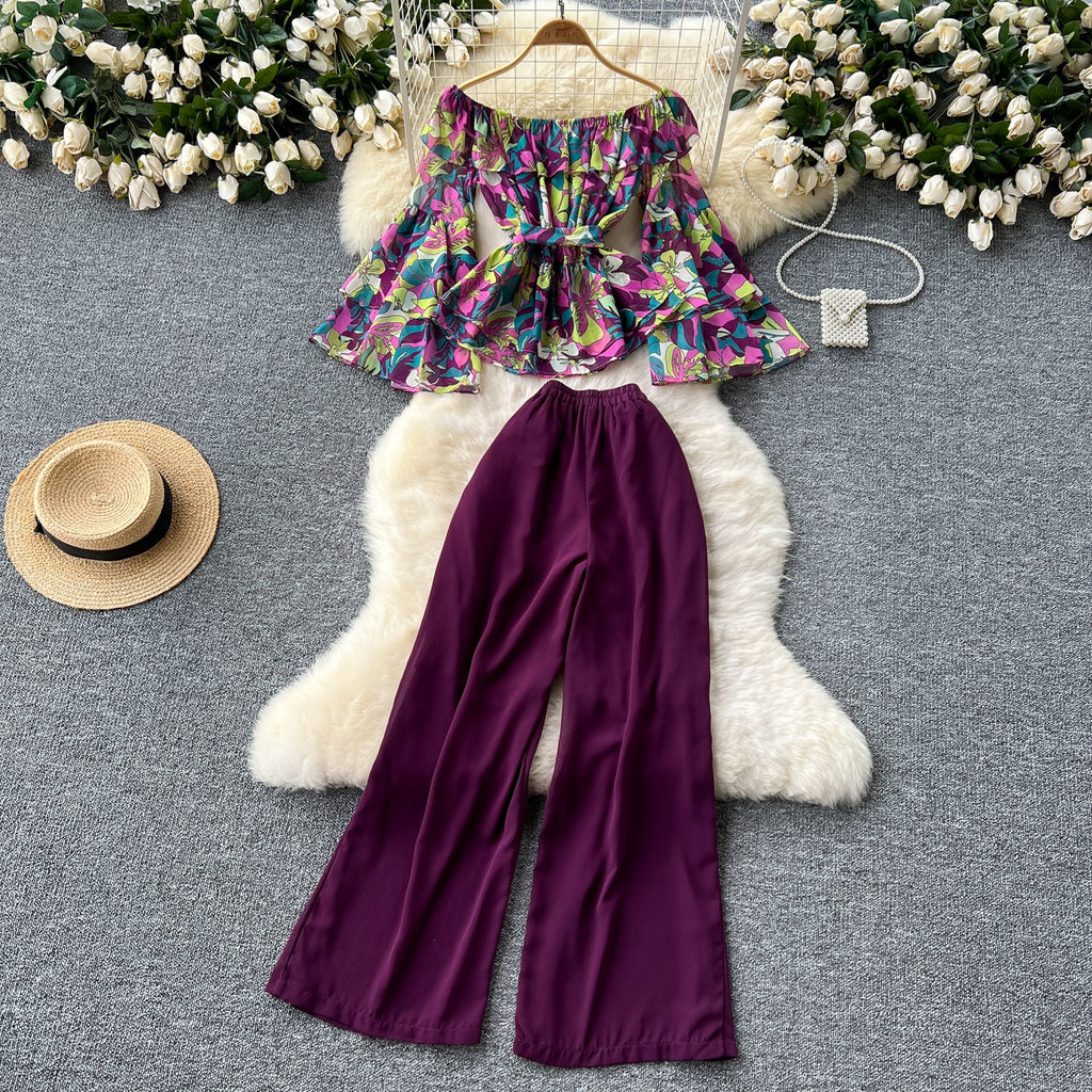 Floral Chiffon Top&Wide-leg Trousers 2Pcs