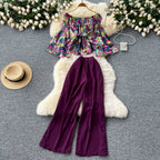Floral Chiffon Top&Wide-leg Trousers 2Pcs