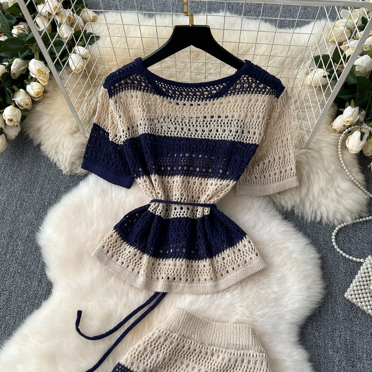 Knitwear&Skirt Color-blocking Striped 2Pcs