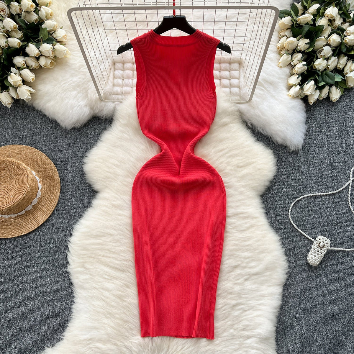 Round Collar Hollowed Knitted Dress