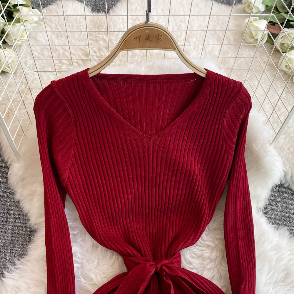 V-neck Bodycon Split Knitted Dress