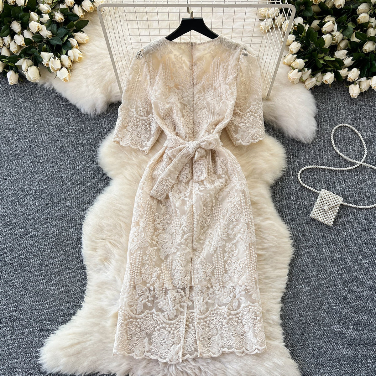 Vintage Lace Crochet Apricot Dress