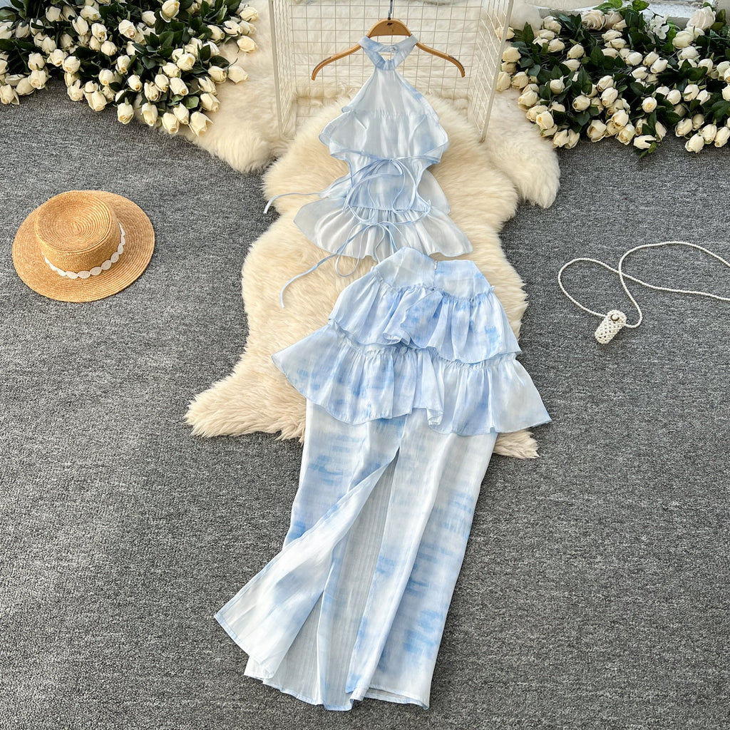 Tie-dye Blue Halter Top & Skirt 2Pcs