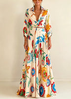 Colorful Floral Tie‑Front Shirt & Maxi Skirt Set Women Cutout Long Sleeve Two‑Piece Outfit