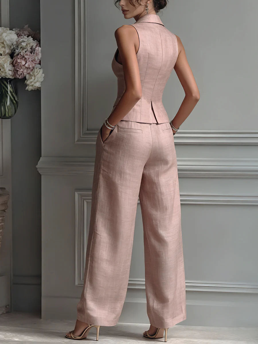 Blush Lapel Vest Wide Leg Pants Two Piece Suit
