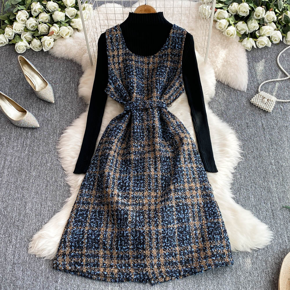 Black Sweater & Plaid Tweed Dress 2Pcs
