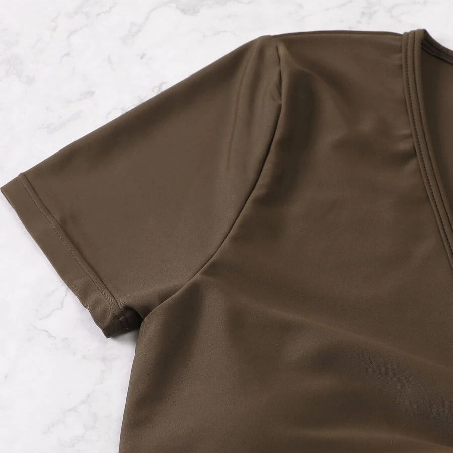 Solid Color V-neck Two-piece Drawstring Flat Corner Swimsuit