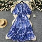 French Style Puffy Sleeve Ruffled Dress
