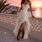 White Lace Corset Spaghetti Strap Maxi Dress Women Boho High Low Ruffle Maxi Dress