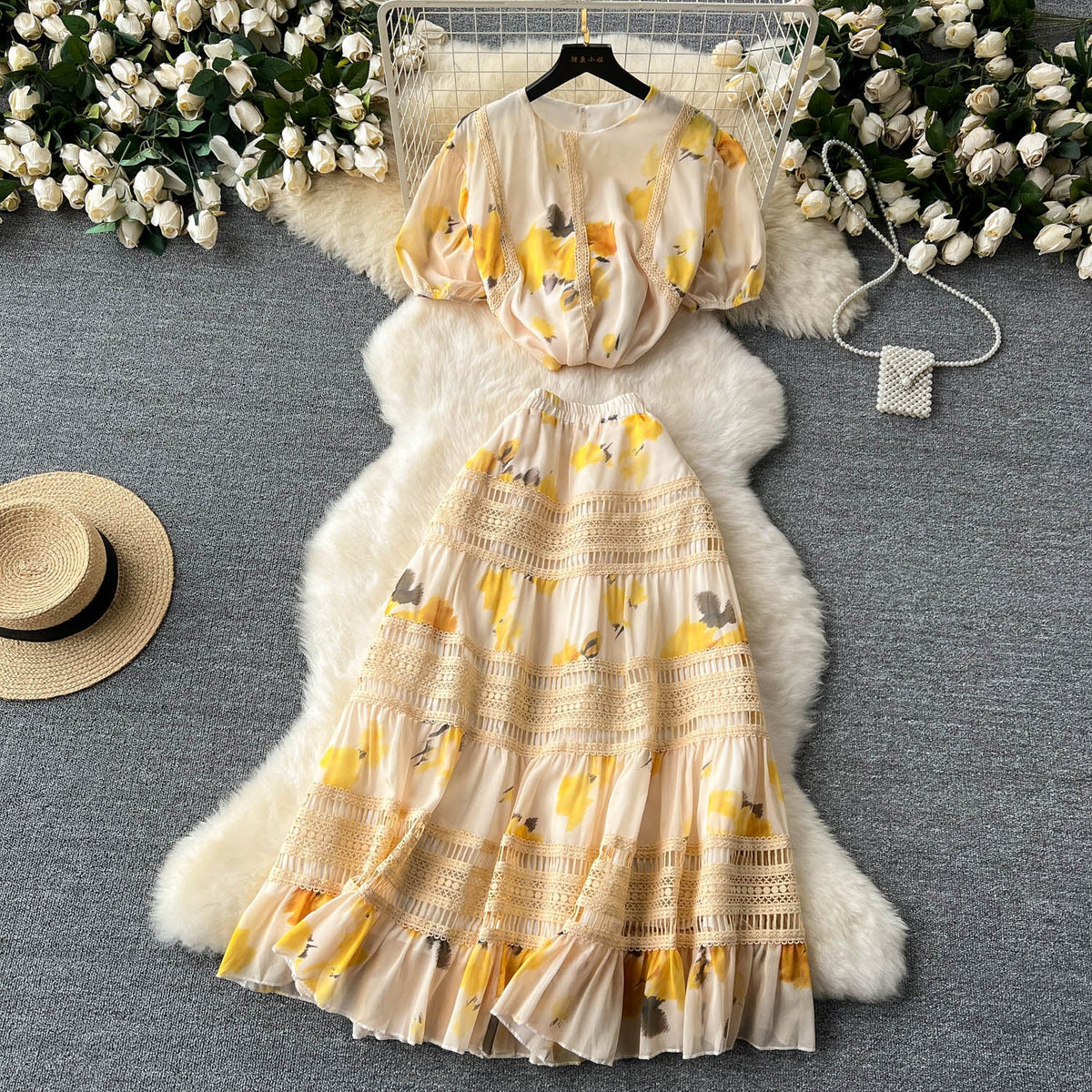 Top&Half-body Skirt Floral 2Pcs