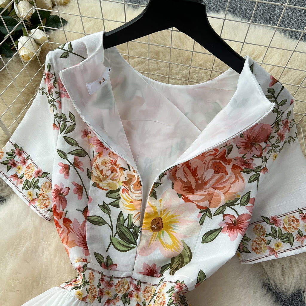Courtly Floral Printed Short-sleeve Dress