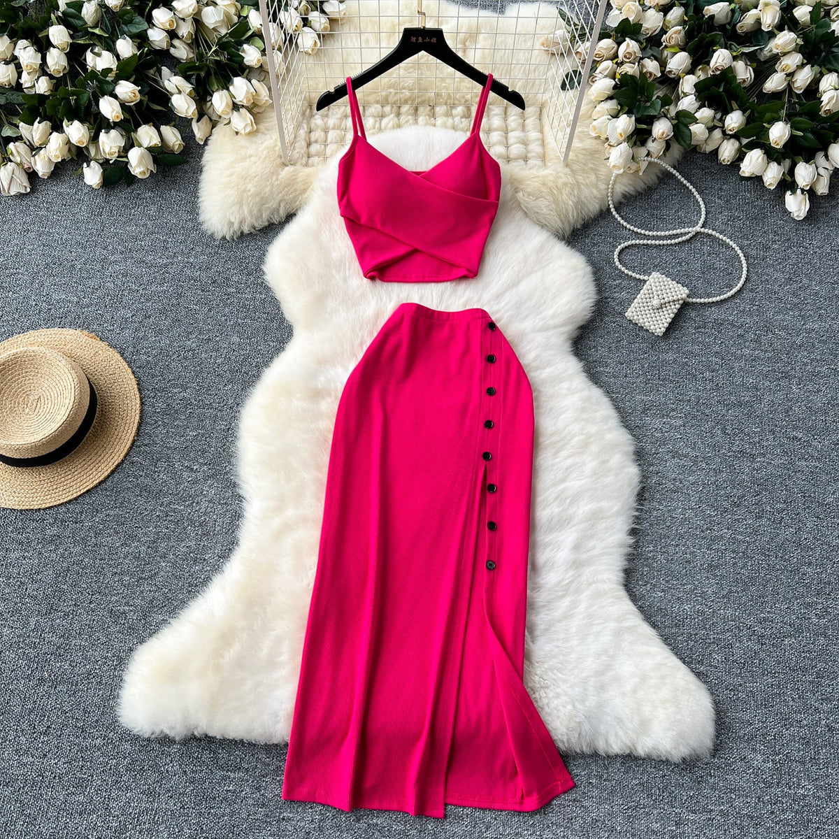 V-neck Camisole&Split Skirt Knitted 2Pcs