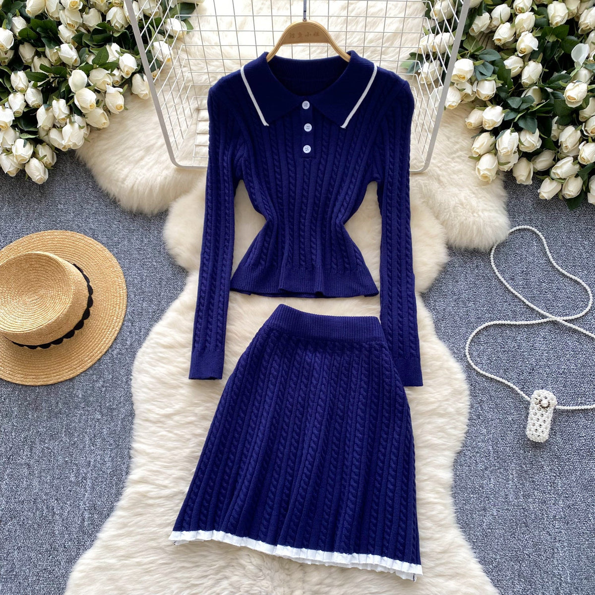 Lapeled Knitwear&Skirt Tweed 2Pcs