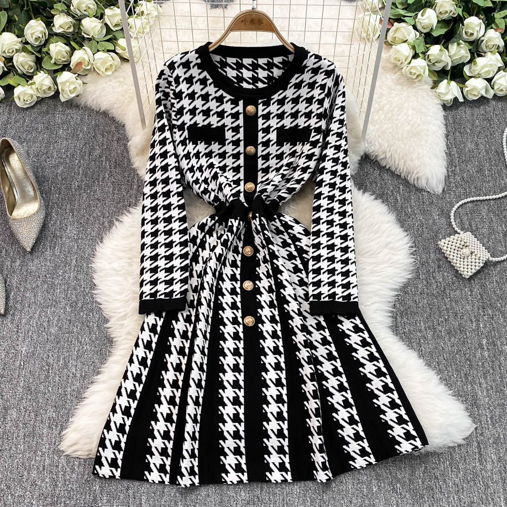 French Style Houndstooth Knitted Dress