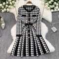 French Style Houndstooth Knitted Dress