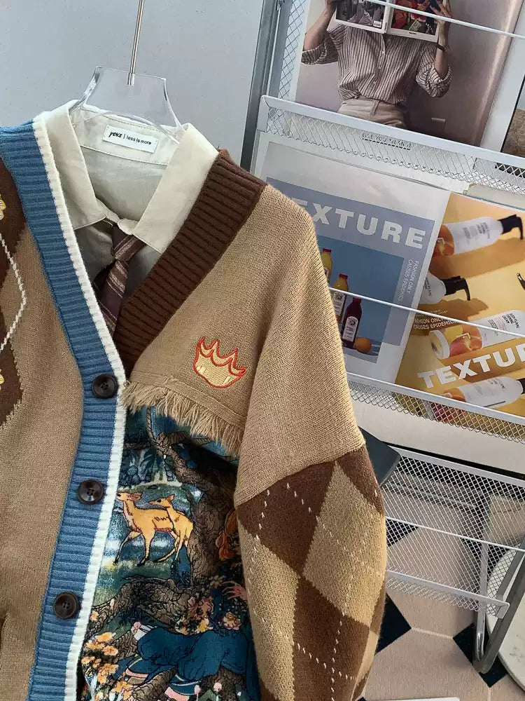Vintage V-neck Patchwork Cardigan