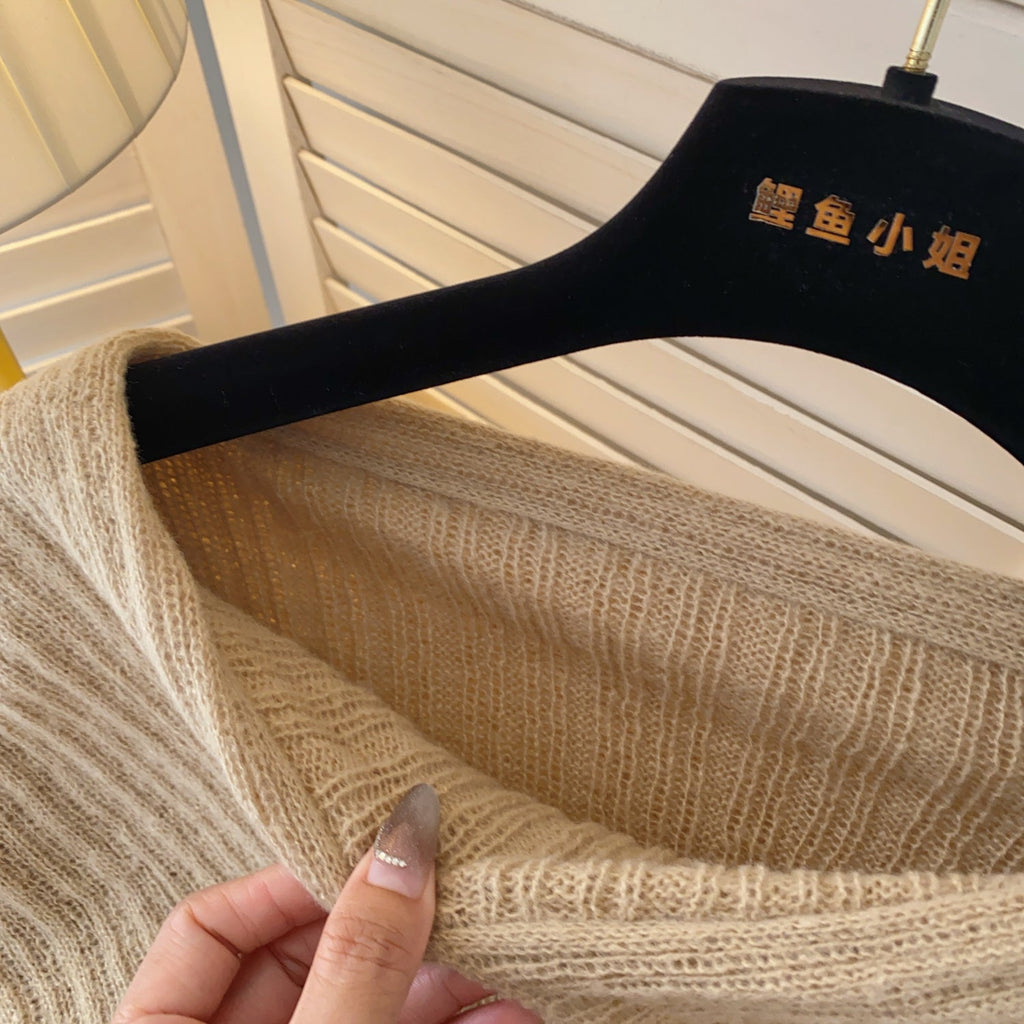 Folded Neckline Stripe-knit Sweater