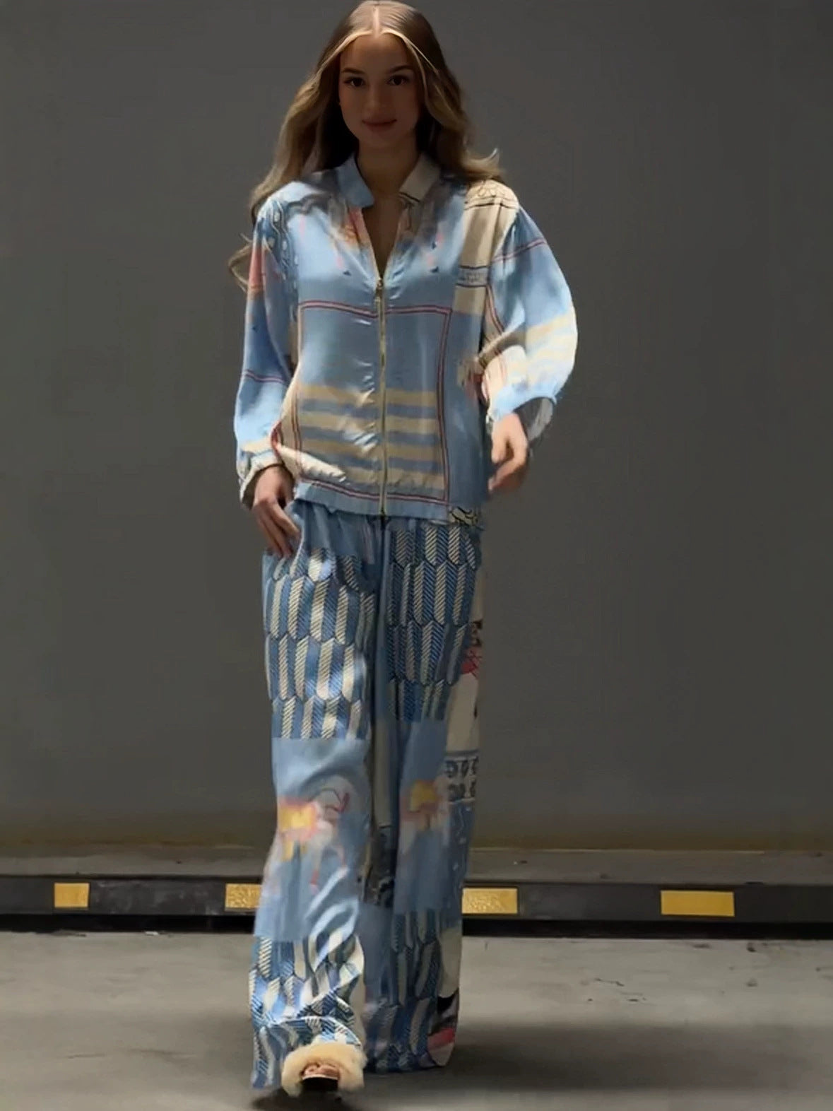 Horse Print Zip Up Long Sleeve Top & Wide Leg Pants Set Women Casual Loose Streetwear Two Piece Outfit