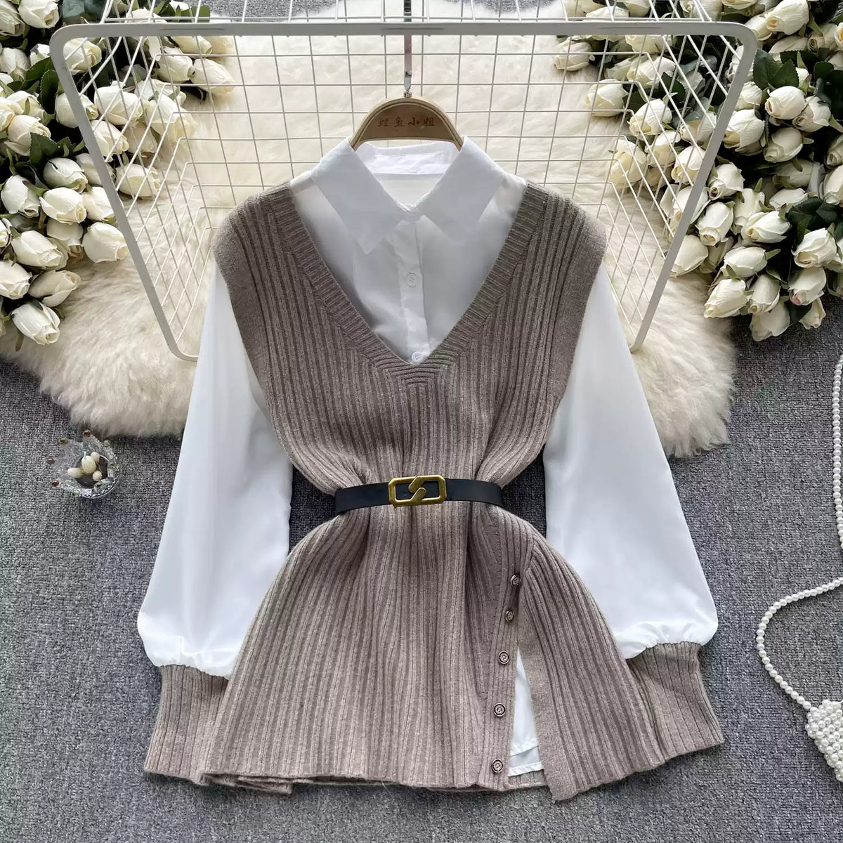V-neck Knitted Vest&White Shirt 2Pcs