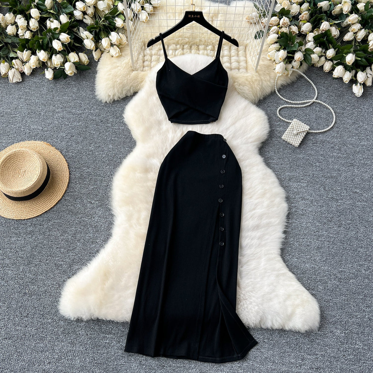 V-neck Camisole&Split Skirt Knitted 2Pcs