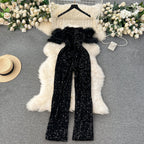 Furry Neckline Sequined Black Jumpsuits