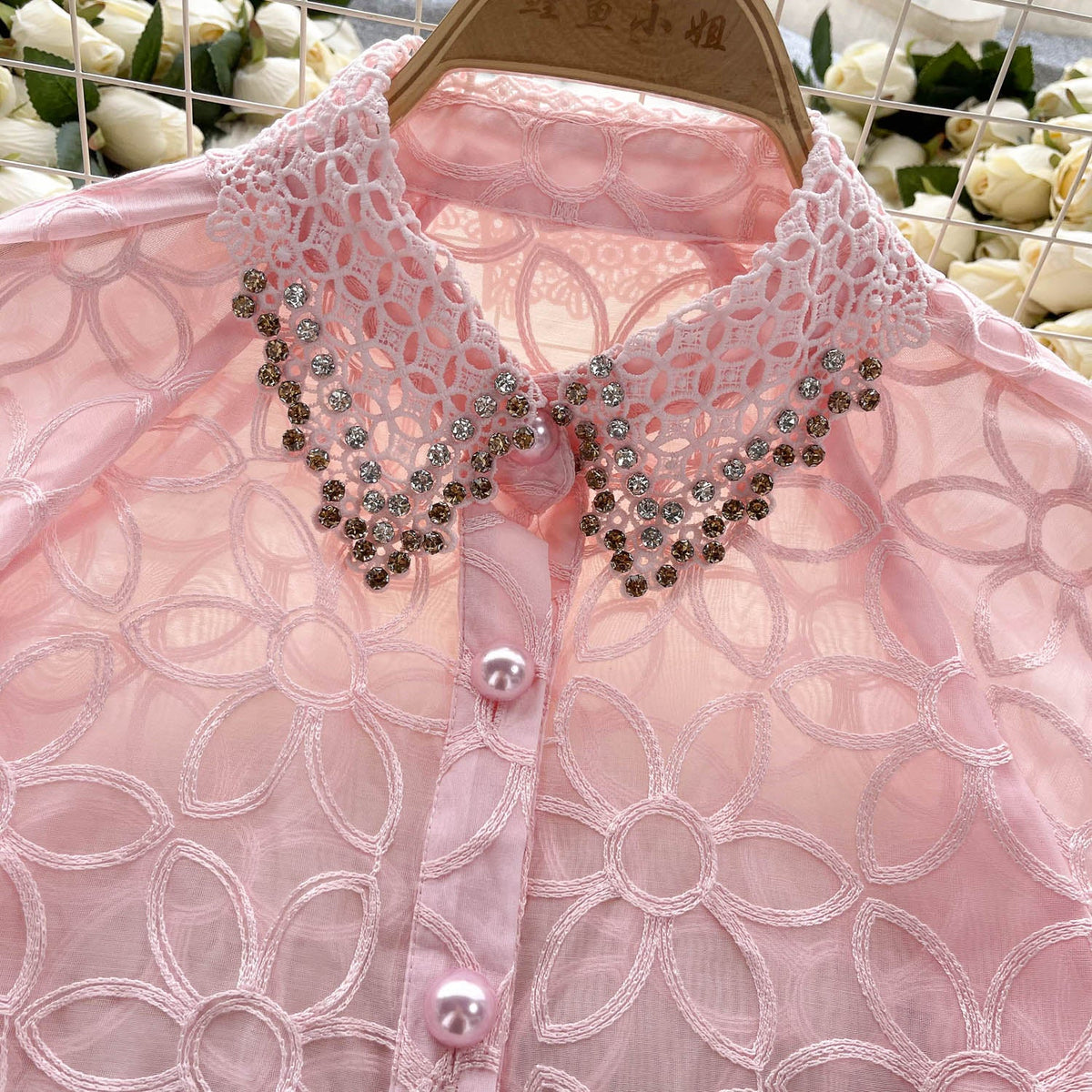Niche Beaded Hollowed Mesh Blouse