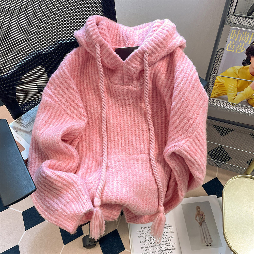 Vintage Thermal Drawstring Hooded Sweater