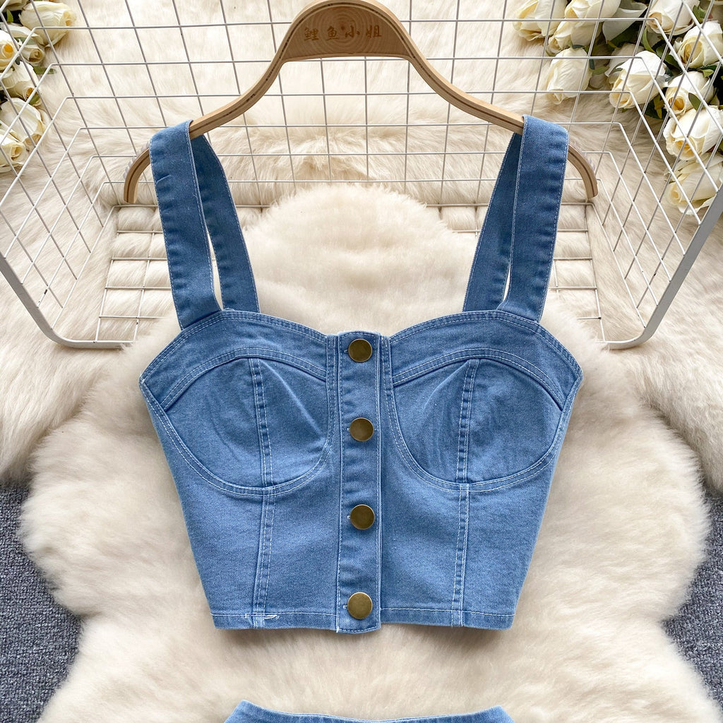 Camisole&Pleated Skirt Denim 2Pcs