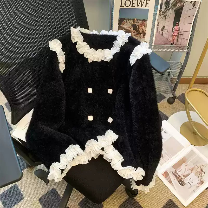 Color Blocking Ruffled Thickened Cardigan
