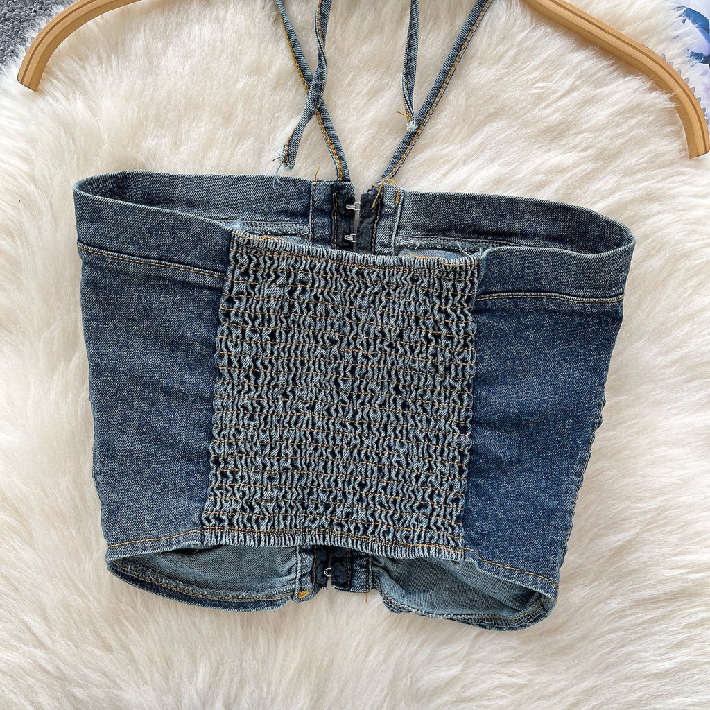 Vintage Denim Pleated Halter Top