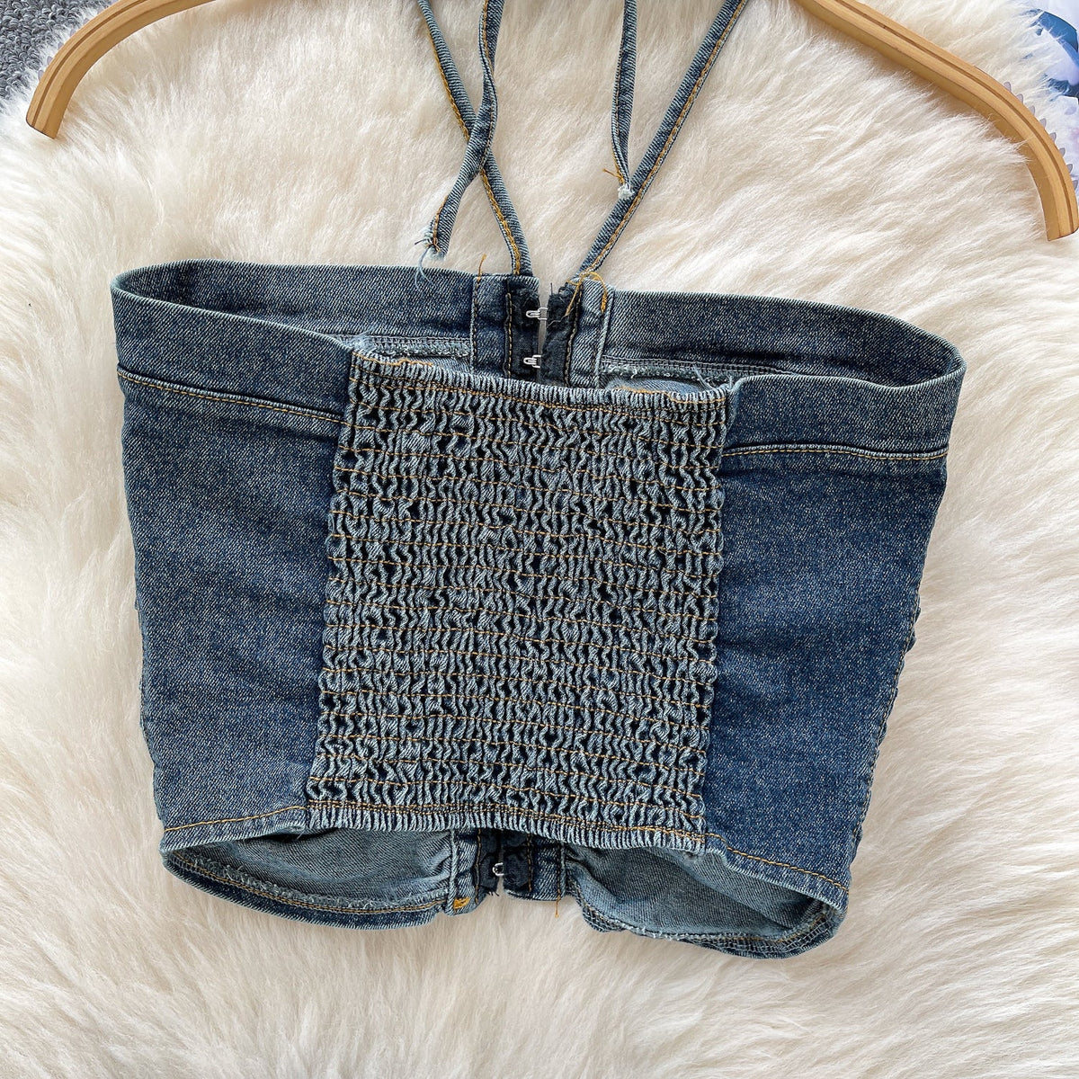 Vintage Denim Pleated Halter Top