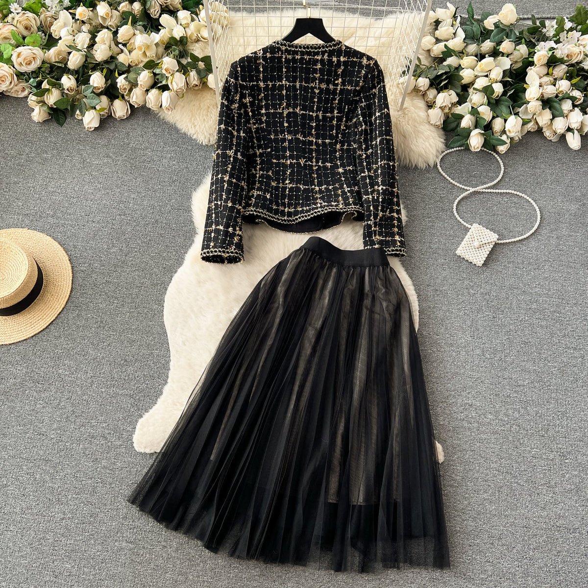 Tweed Blazer&Pleated Half-body Skirt 2Pcs