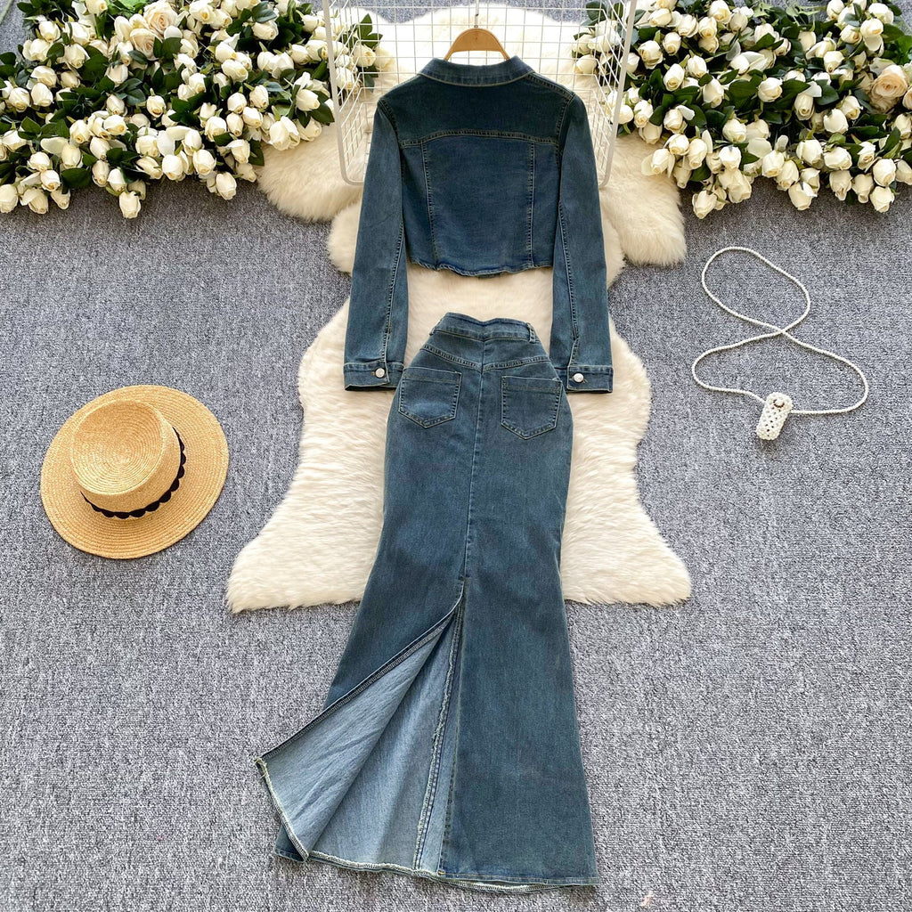 Vintage Denim Shirt & Fishtail Skirt 2Pcs