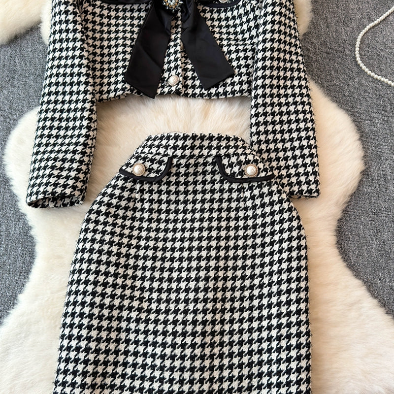 Bow Cardigan&Skirt Houndstooth 2Pcs