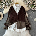 Plaid Patchwork Cardigan&White Shirt 2Pcs