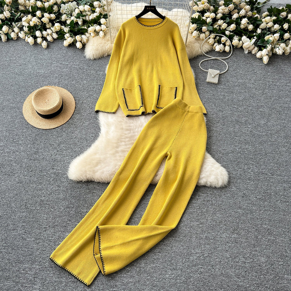 Round-collar Sweater&Trousers 2Pcs