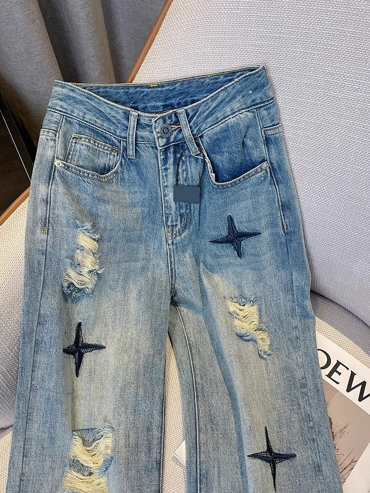 Vintage Star Embroidered Ripped Jeans