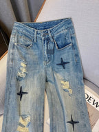 Vintage Star Embroidered Ripped Jeans