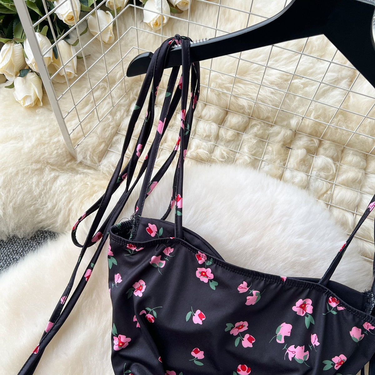 Asymmetric Mesh Floral Black Dress