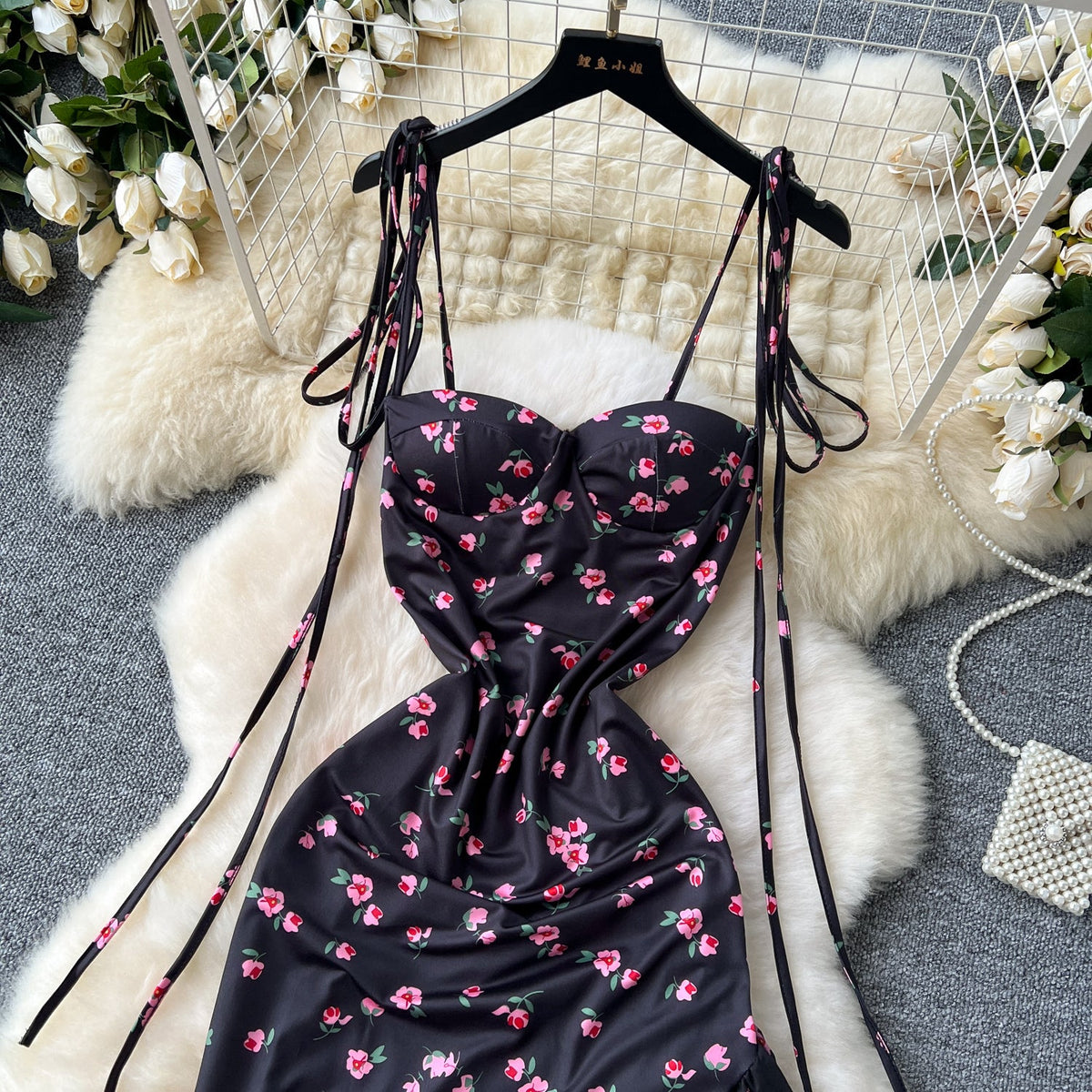 Asymmetric Mesh Floral Black Dress
